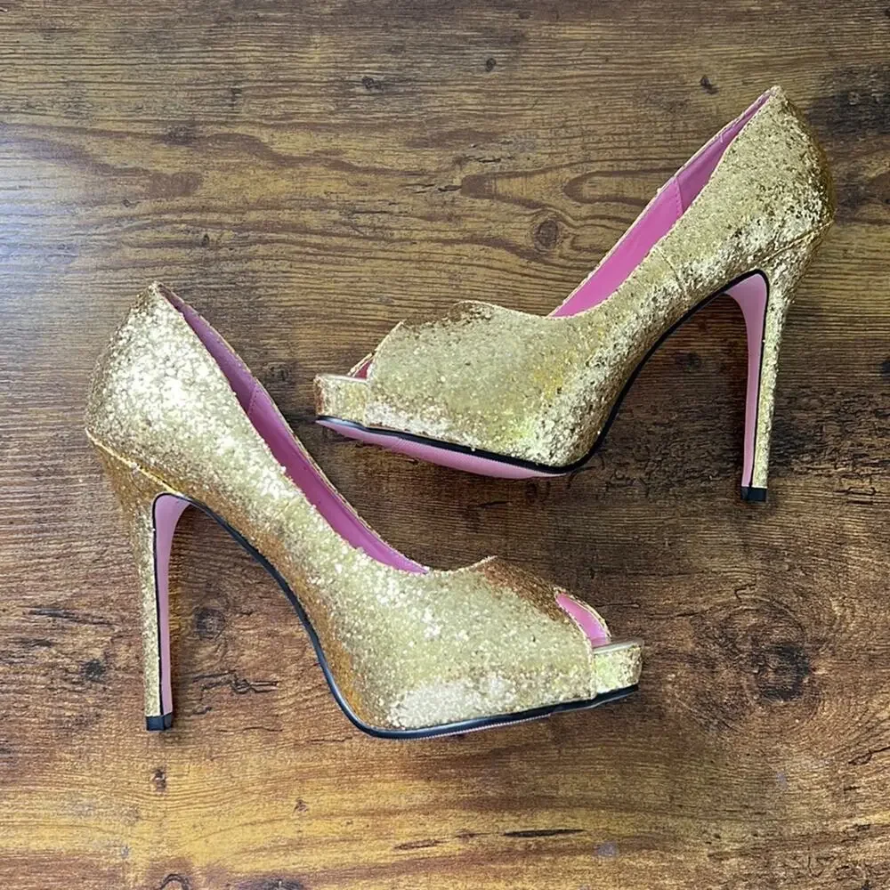 Leg Avenue Ella Gold Glitter Covered Peep Toe Platform